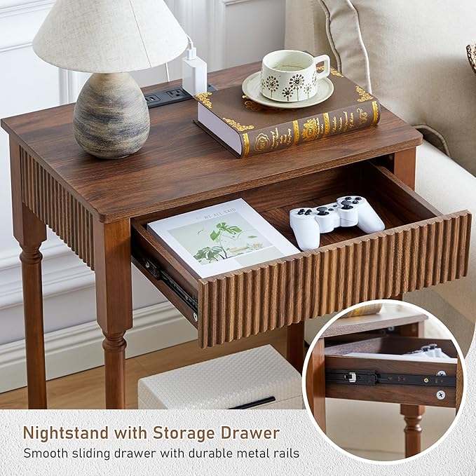 XUZENEST Fluted Nightstand with Charging Station, 23.6” Large Bed Side Table End Table with Drawer, Modern Mid Century Solid Wood Legs Night Stands Bedside for Bedroom Living Room Sofa Office, Walnut
