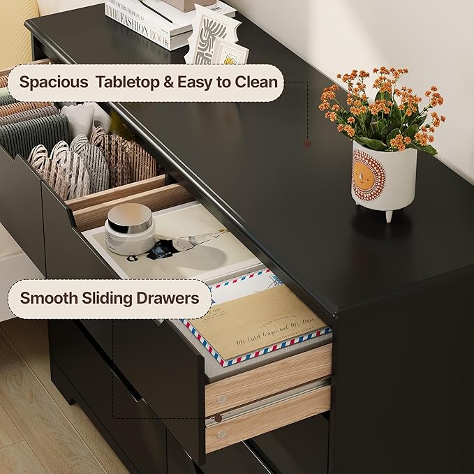 Gizoon 8 Drawer Dresser, 47" Wide Black Dresser for Bedroom with Cut-Out Handles, Modern Wooden Chest of Drawers with Anti-Tip Kit, for Living Room, Hallway, Entryway, Home Office