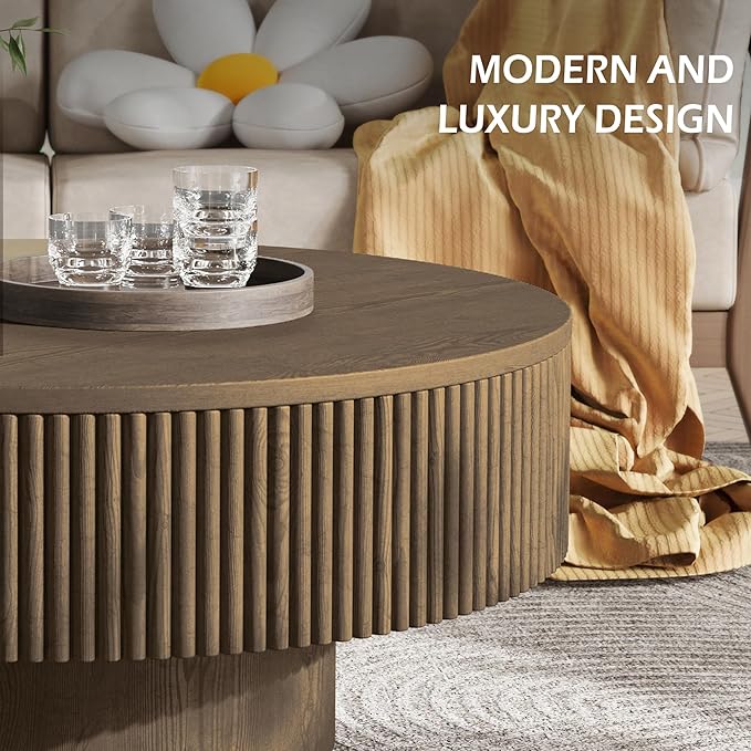 YOUDENOVA 31.5” Round Fluted Coffee Table, Modern Wood Circle Coffee Table, Veneer Handcrafted Relief Tea Table with Sturdy Pedestal for Living Room - Brown