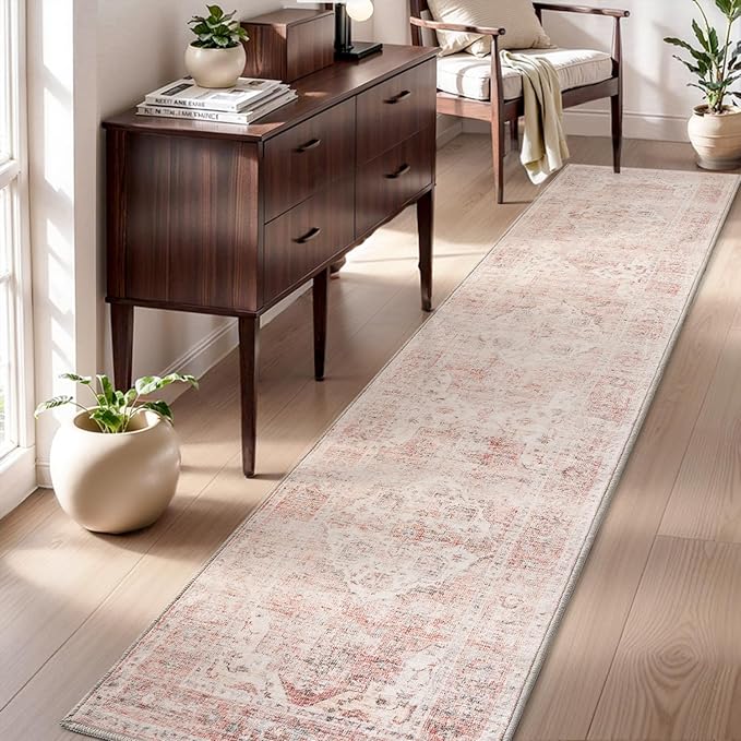 AMOAMI-2X10 Runner Rug-Washable Runners for Hallways-Soft Non Slip Bedside Rugs for Bedroom-Vintage Long Rug for Hallways Entryway Laundry Room Stair Kitchen Bathroom Pink