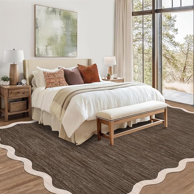 GarveeHome Scalloped Washable Area Rug 8 x 10 Rug for Living Room Modern Brown Rug Non Slip Throw Rugs Distressed Large Bedroom Area Rug Stain Resistant Carpet for Dining Room Nursery 8'x10' Brown