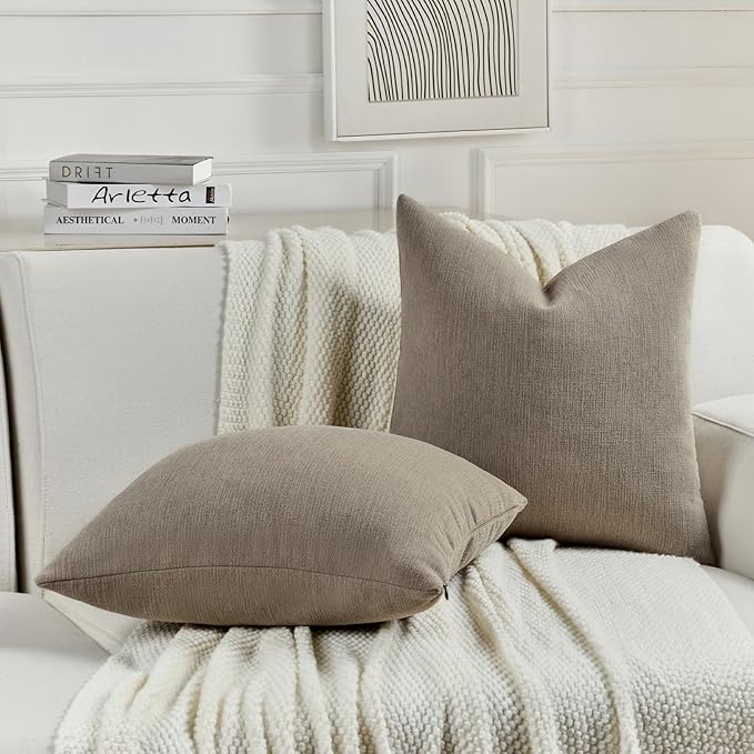 FUTEI Coffee Chenille Decorative Throw Pillow Covers 20x20 Inch Set of 2,Soft Cozy Faux Linen Textured Cushion Case,Farmhouse Home Decor for Couch Living Room