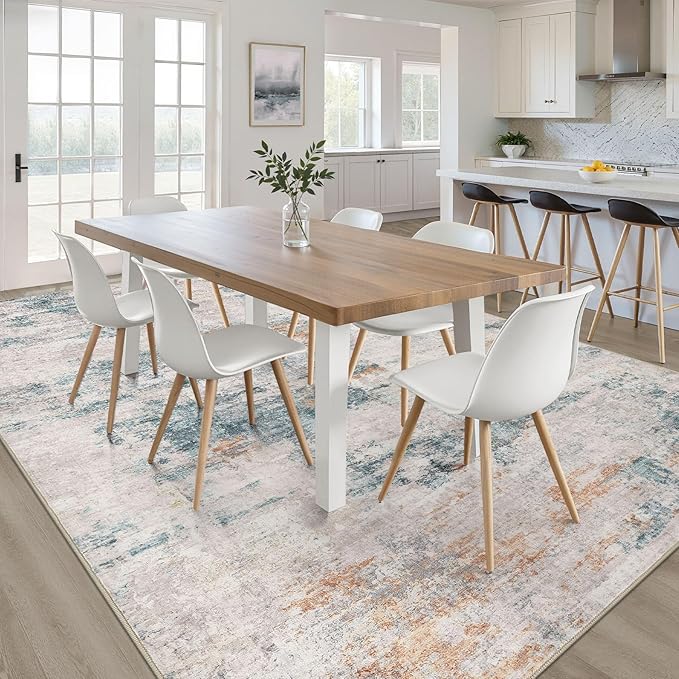 5x7 Area Rugs Living Room: Washable Large Neutral Aqua Brown Rug Abstract Soft Modern Stain Resistant Indoor Floor Non-Slip Carpet for Bedroom Nursery Kids Office Playroom Dining Room Under Table