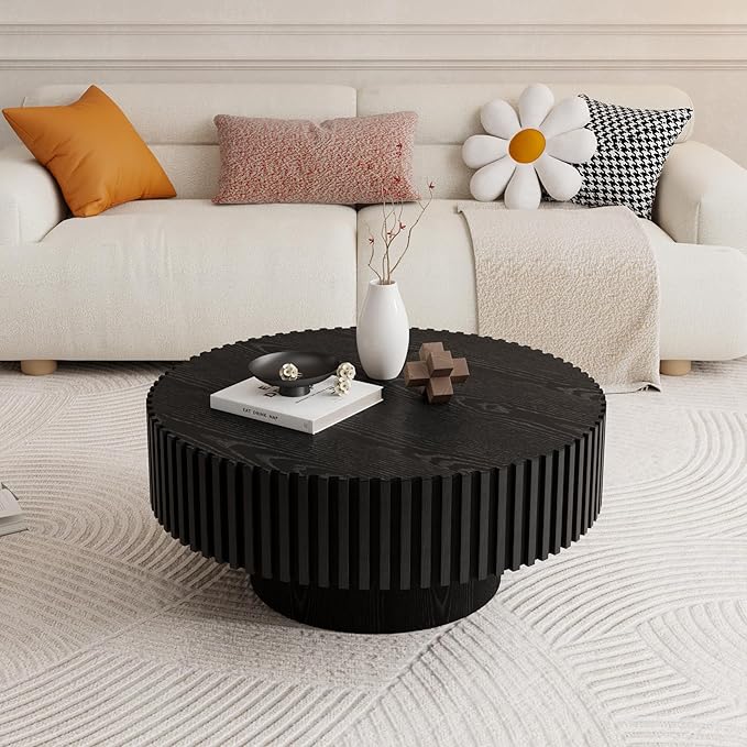 31.49" Round Coffee Table Wood, Modern Circle Drum Fluted Coffee Table for Living Room, Contemporary Low Center Tea Table Side Table for Small Apartment, Farmhouse, Office, Mesa De Cafe, Black