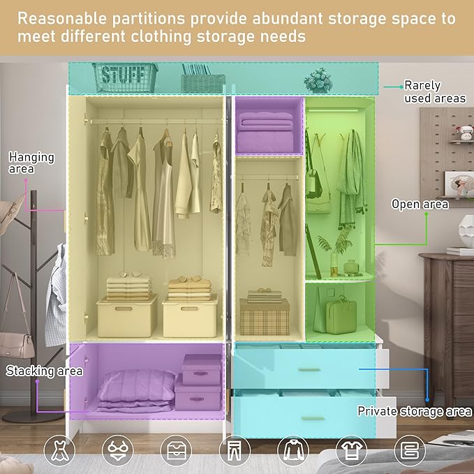 XVD Armoire Wardrobe Closet with Mirror & Sensor Light, Bedroom Armoire with 5 Doors & 2 Drawers, Modern Wooden Large Wardrobe Closet with Shelves, 4 Hooks, 2 Hanging Roods, Open Space, White