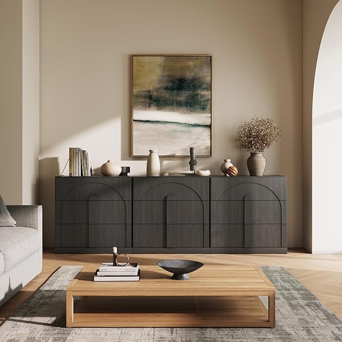 BELLEZE Sideboard Cabinet with 3 Drawers, Set of 3 Modern Wood Buffet Cabinet with Arc Design, Large Fluted Sideboard with Storage for Dining Room Living Room Entryway, Ebony