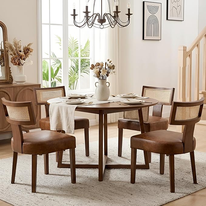 HNY Mid Century Modern Rattan Dining Chairs Set of 2, Farmhouse PU Leather Upholstered Accent Chair Curved Backrest Kitchen Chairs, with Hardwood Frame, Brown