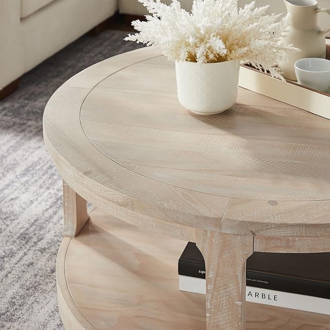 WILLIAMSPACE 40" Round Coffee Table with Wheels, Circle 2 Tier Solid Wood Center Coffee Table, Mid Century Retro Farmhouse Rounded End Table for Living Room Apartment, ø40 x 17.52" H (Oak)