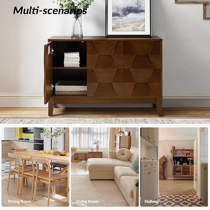 HULALA HOME Modern Kitchen Buffet Cabinet Storage Sideboard with 3D Geometric Design, Freestanding Floor Cabinet with 3 Doors & 2 Adjustable Interior Shelves for Living Room Dining Room Hallway,Walnut