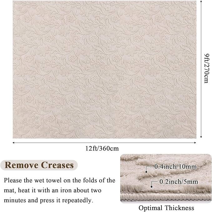 Vaukki 9x12 Area Rug for Living Room, Soft Fluffy Washable Modern Floral Indoor Floor Mat, Non Slip Shaggy Boho Accent Throw Carpet for Bedroom, Living Room, Nursery and Dining Room, Beige