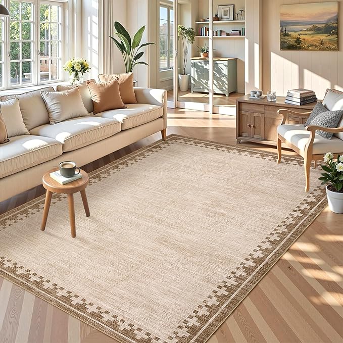 GarveeHome Cross Bordered Large Area Rug 9x12 Machine Washable Non Slip Low Pile Dining Room Carpet Geometric Stain Resistant Living Room Bedroom Home Office Rug, Beige