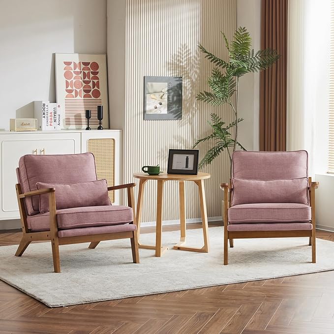 Karl home Accent Chair Wide Armrest Mid-Century Lounge Chair Linen Fabric Armchair with Lumbar Pillow & Solid Wood Frame for Living Room, Bedroom, Balcony, Pink
