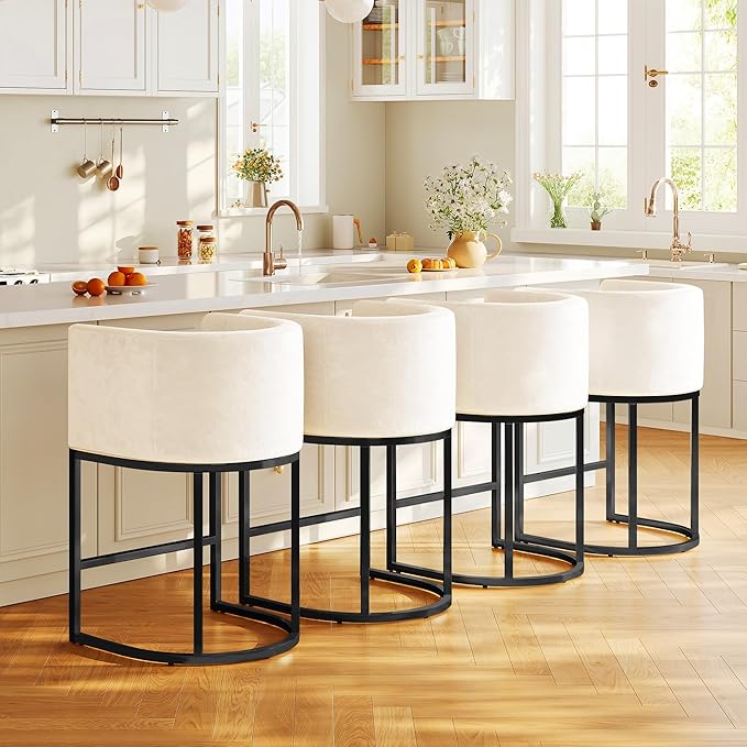 Modern Counter Height Bar Stools,Bar Stools Set of 4,Velvet Fabric Upholstered Barrel Barstools with Backs,26'' Kitchen Island Chairs,Metal Black Frames,Beige White Velvet
