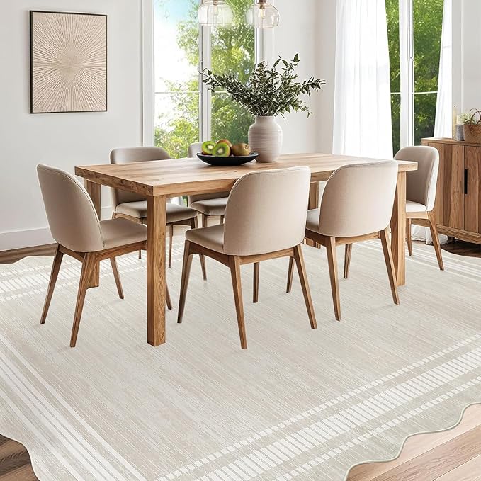Garvee Scalloped Modern Abstract Rug 5x7 Washable Rug for Bedroom, Non-Slip Non-Shedding Soft Living Room Rug, Minimalist Scalloped Low-Pile Throw Carpet for Dining Room Home Office, Beige