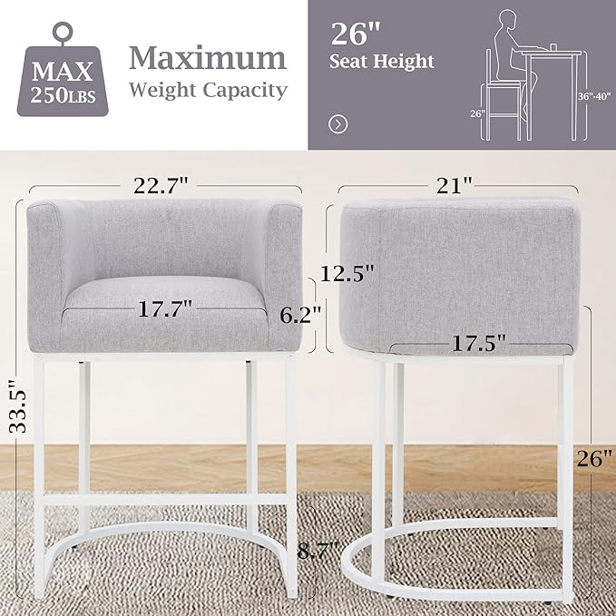 ClinQ 26" H Counter Height Bar Stools Set of 6, Modern Barrel Counter Stools with Backrest and Arms, White Metal Frames, Linen Fabric Upholstered Accent Barstools for Kitchen Island, Light Grey