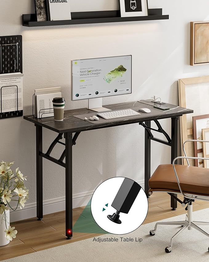 Frylr Small Folding Computer Desk – 43.3 Inch Portable Table for Craft and Study, Lightweight Desk for Small Spaces, Foldable Laptop Table Built-in AC/USB Outlets for Convenience, Marble Greige
