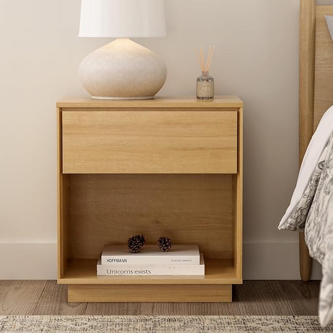 EYYTHUNG Modern End Side Table Set of 2, Wood Nightstand with Storage and Open Shelf, Farmhouse Boho Bedside Table Accent Night Stand for Bedroom, Natural Oak
