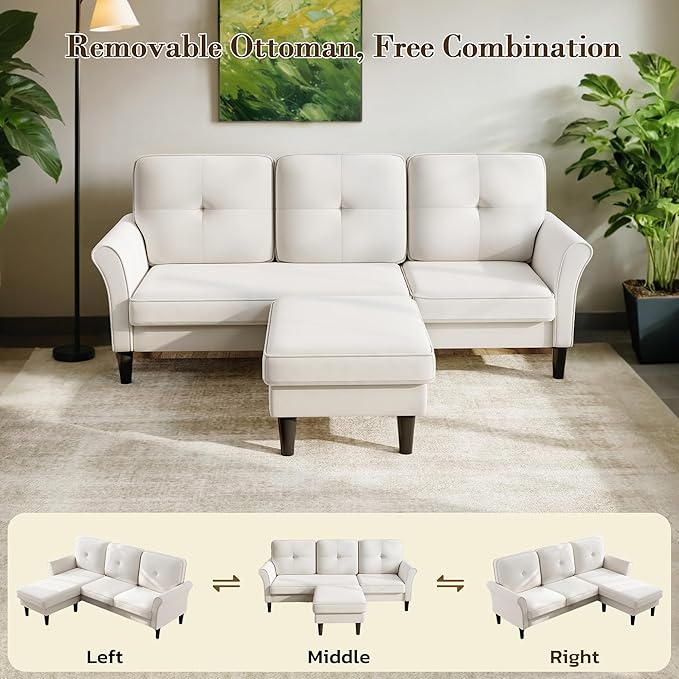 Welzona Sectional Couches for Living Room, 83" Velvet Modern 3 Seater Sofa, L Shaped Couch with Ottoman, Small Sectional Couch Sofas for Living Room, Bedroom, Apartment, Office, Beige Sofa