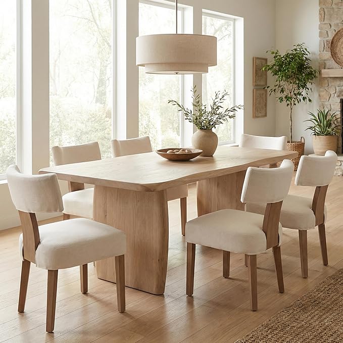 HNY Mid Century Modern Dining Chairs Set of 6 with Seat Covers, Farmhouse Linen Fabric Upholstered Accent Chairs Curved Backrest Kitchen Chairs, with Hardwood Frame, Beige