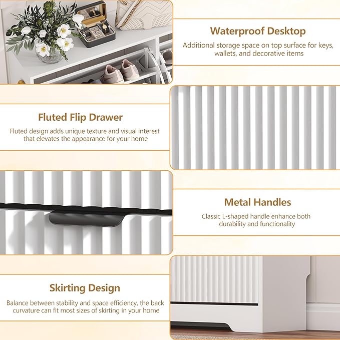 HUANLEGO Shoe Cabinet Storage for Entryway with 6 Flip Drawers, White Fluted Shoe Cabinet with Adjustable Shelves, Wooden Hidden Shoe Rack Freestanding Narrow Slim Shoes Storage for Hallway, Entrance