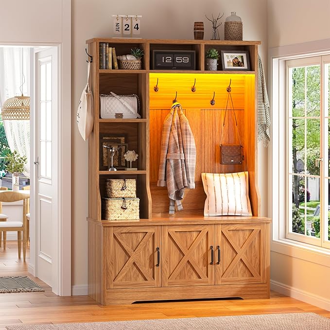 CSZZD Hall Tree with Bench and Shoe Storage, Farmhouse Entryway Bench with Coat Racks and Led Lights, Tall Hall Tree with 7 Coat Hooks, 6 Storage Cubbies, Adjustable Shelf