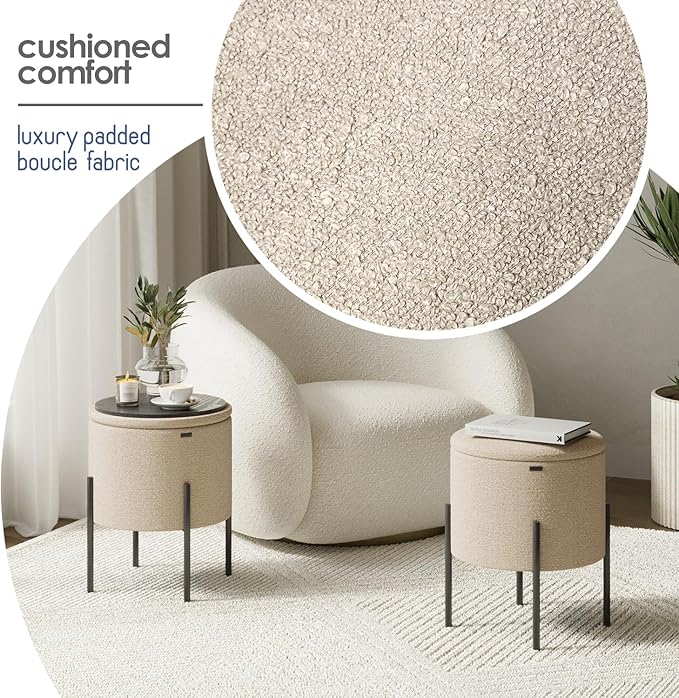 STORAGEBUD Round Ottoman with Storage, Boucle Storage Foot Stool, Makeup Vanity Stool, Small Ottoman Foot Rest, Modern Ottomans for Living Room and Bedroom, Beige
