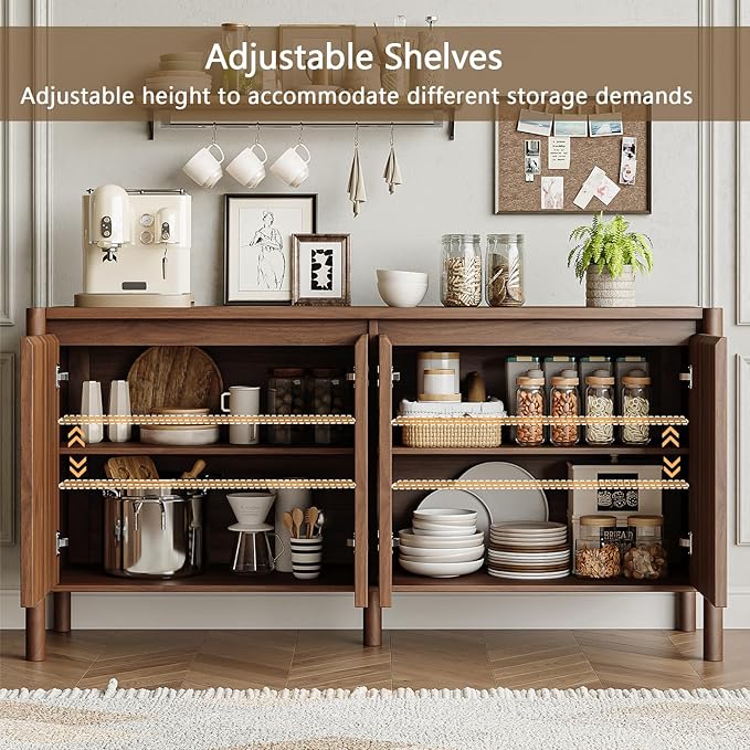 CHUWELL Walnut Sideboard Buffet Cabinet - 59" Mid Century Buffet Storage Cabinet with 4 Doors, Adjustable Shelves, and 4 Solid Wood Round Legs- Coffee Bar Table for Kitchen