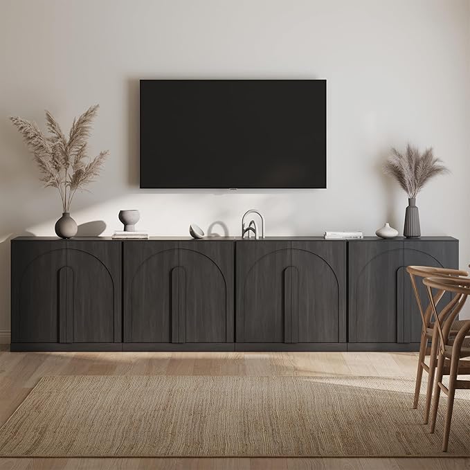 BELLEZE Bijou Set of 4 Wall-to-Wall Storage Cabinets (126" Wide) - Grand Sideboard Buffet System w/8 Arched Doors - Massive Entertainment Center & Display Console for Living Room, Office, Ebony