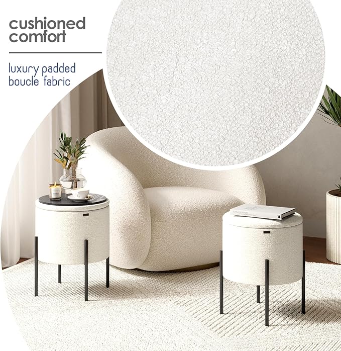 STORAGEBUD Round Ottoman with Storage, Boucle Storage Ottoman, Foot Stool Ottoman, Makeup Vanity Stool, Small Ottomans Foot Rest, Modern Ottomans for Living Room and Bedroom, Cream