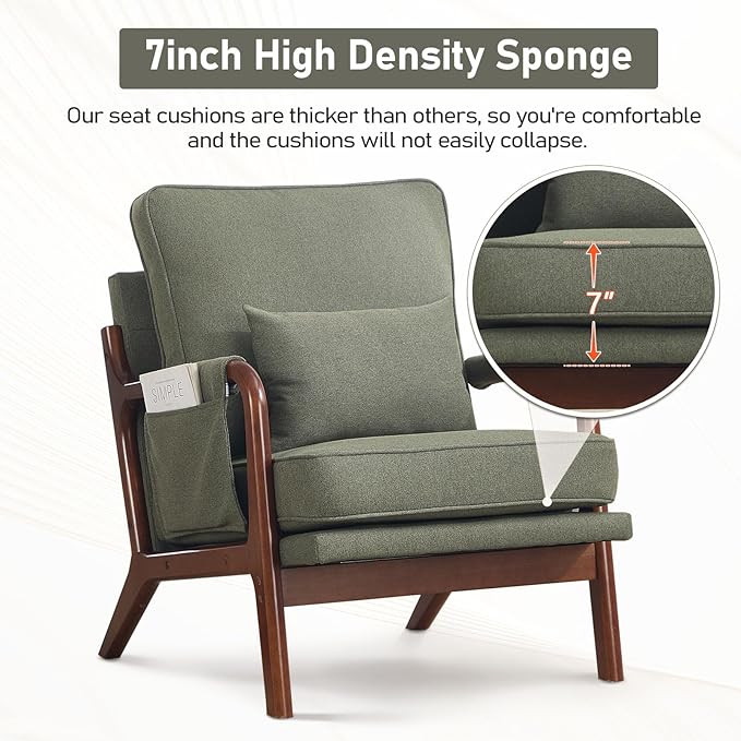 ANJ Mid Century Modern Accent Chair Set of 2, Lounge Reading Armchair with Extra Side Pocket & Detachable Cushion, Comfy Fabric Accent Chairs for Living Room, Bedroom, Green