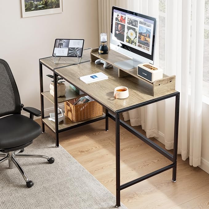 MINOSYS 47-inch Computer Desk with Storage Shelf - Gray Ideal Gaming Desk for Bedrooms, Small Spaces, and Home Offices Modern Writing Desk for PCs.