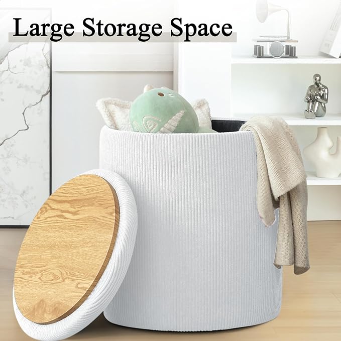YSICK Round Ottoman with Storage, Set of 2, Small Vanity Stool as Vanity Chair, Corduroy Ottoman Foot Rest for Small Space, Living Room, Bedroom, White
