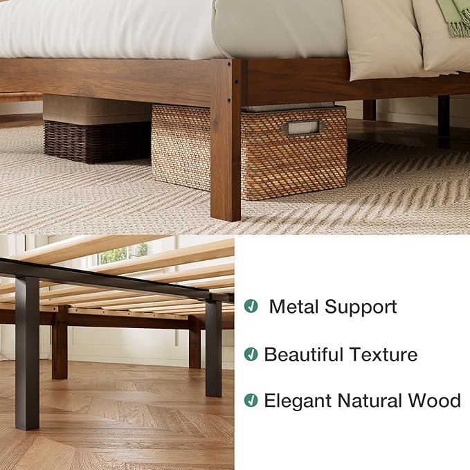 Novilla 12 Inch Queen Bed Frame, Classic Solid Wooden Platform Bed Frame Queen Size, Queen Size Bed Frame Without Headboard, Sturdy Wood Slat Support, No Box Spring Needed, Easy Assembly, Walnut