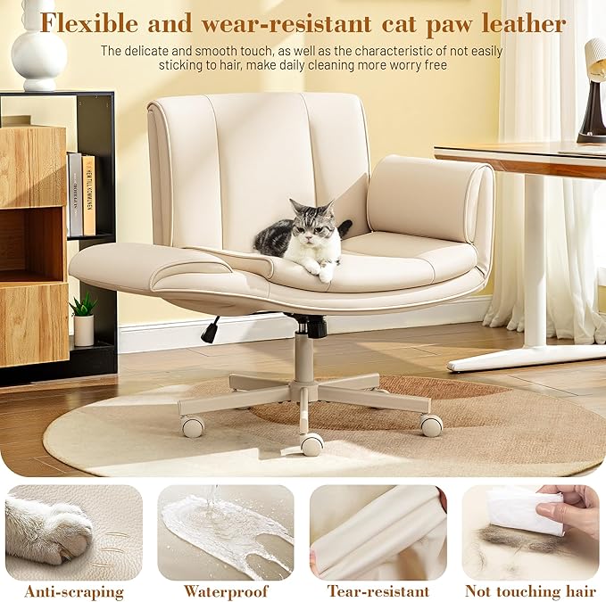 HeroSet Criss Cross Chair with Wheels & Armrests,Comfy Wide Vanity Chair,Scratch-Resistant Pu Leather Cross Legged Desk Chair,Height Adjustable Computer Office Desk Chairs for Home,Makeup,Bedroom