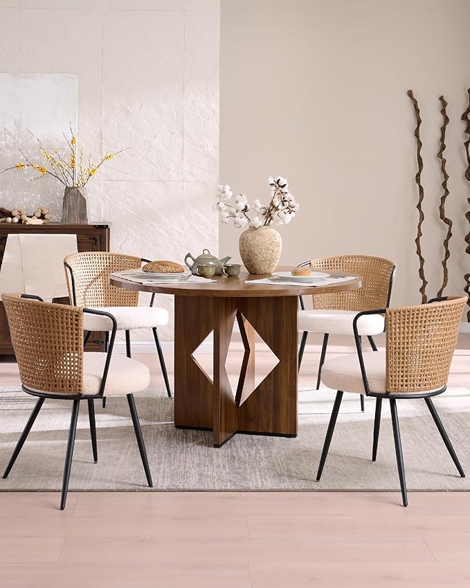 BedsPick Rattan Dining Chair Set of 6 - Farmhouse Upholstered PE Rattan Kitchen Chair with Boucle Cushion, Wingback Dining Room Seat with Cane Back and Metal Legs for Home, Kitchen (Brown)