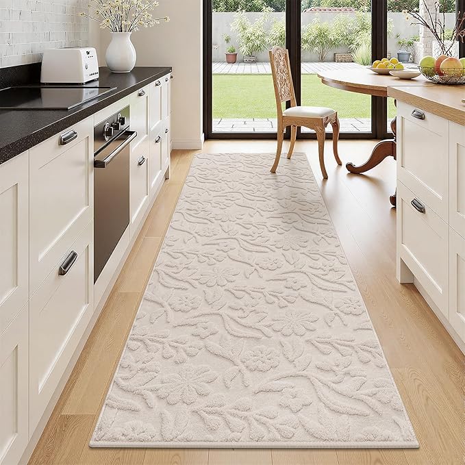 Vaukki 2x6 Runner Rug for Living Room, Soft Fluffy Washable Modern Floral Indoor Floor Mat, Non Slip Shaggy Boho Accent Throw Carpet for Bedroom, Living Room, Nursery and Dining Room, Beige