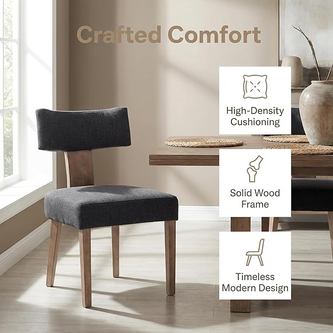 HNY Mid Century Modern Dining Chairs, Linen Fabric Upholstered and Curved Backrest Kitchen Chairs Set of 2, with Hardwood Frame, Charcoal