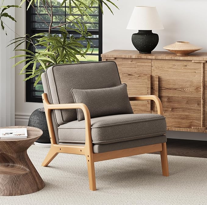 MALOL Accent Chair Set of 2 with Solid Wood Frame, Mid-Century Relaxing Armchair Lumbar Pillow& Soft Cushion, Reading Leisure Chair for Living Room, Bedroom, Waiting Room-Grey