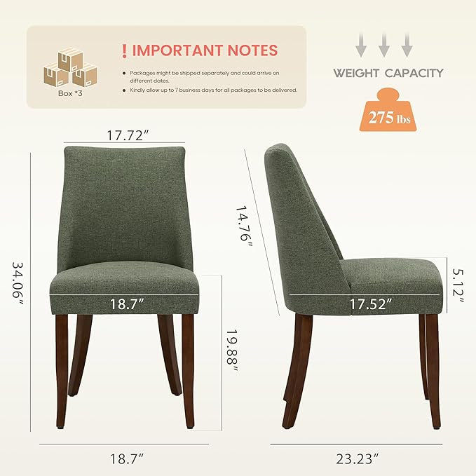 Wooden Dining Chairs Set of 6, Upholstered Farmhouse Fabric Dining Room Chair, Mid Century Kitchen Chair for Restaurant & Cafe, Green