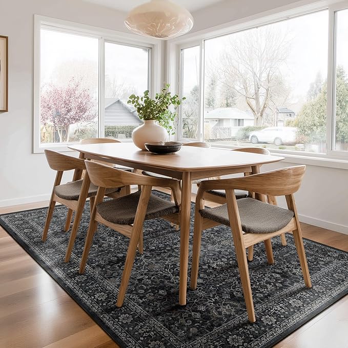 Living Room Rugs 6x8, Vintage Dark Area Rugs for Bedroom Dining Room, Washable Non Slip Low Pile Thin Carpet Rug for Guest Room Home Office, Farmhouse Distressed Midnight