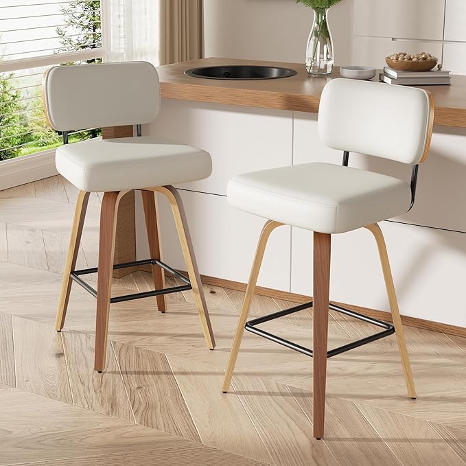 Swivel Bar Stools Set of 5, 26" Upholstered Faux Leather Counter Height Barstools with Walnut Back & Bentwood Legs, Mid Century Modern Bar Chairs Island Stools for Kitchen Counter, Cream White
