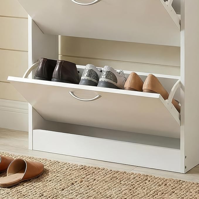 HOPUBUY Shoe Cabinet for Entryway, White Narrow Shoe Storage Cabinet with 3 Flip Drawers, Wood Slim Shoe Rack, 3 Tier Thin Shoe Organizer for Home and Apartment