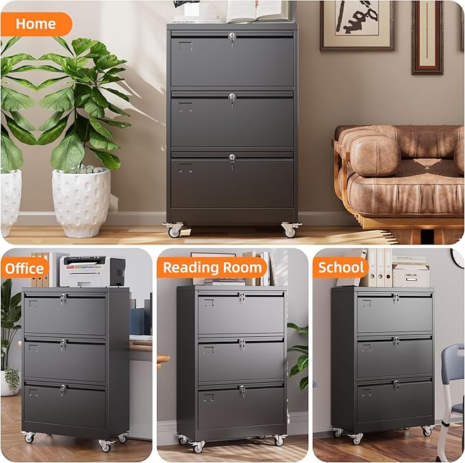 METAN 3 Drawer Lateral File Cabinet on Wheels with Locks, Heavy Duty Metal Rolling Filing Cabinet for Home Office, for Letter, Legal Size Folders, Black, 16" D x 29" W x 47.5" H, Assembly Required