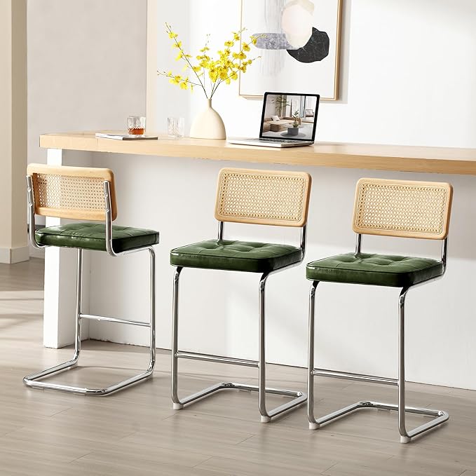 Zesthouse Rattan Counter Stools Set of 3, 26" Mid Century Modern Bar Stools with Natural Cane Mesh & Chrome Base, Green Faux Leather Counter Height Barstools, Boho Island Chairs for Kitchen Counter