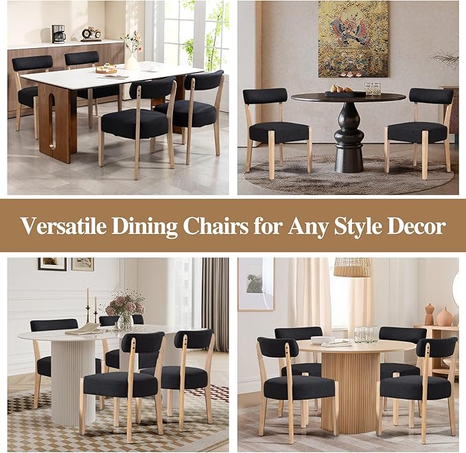 ZJhome Dining Chairs Set of 4, Mid-Century Modern Wooden Kitchen Chairs with Linen Upholstery - Low-Back Woven Design for Kitchen & Dining Room,Black Fabric