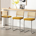 Zesthouse Natural Rattan Counter Stools Set of 3, 26" Mid Century Modern Bar Stools with Solid Wood Frame & Chrome Base, Upholstered Velvet Counter Height Barstools for Kitchen Island, Yellow