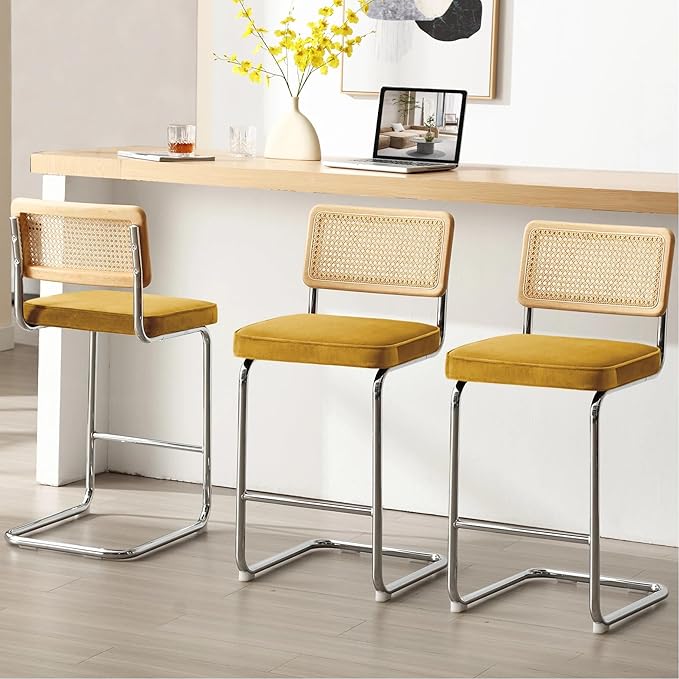 Zesthouse Natural Rattan Counter Stools Set of 3, 26" Mid Century Modern Bar Stools with Solid Wood Frame & Chrome Base, Upholstered Velvet Counter Height Barstools for Kitchen Island, Yellow