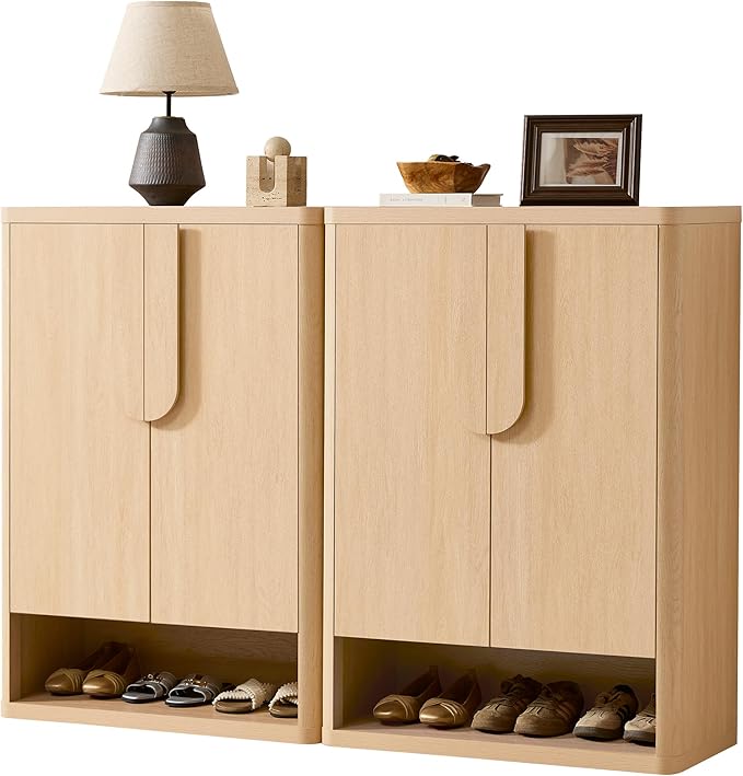 Shoe Cabinet 44" Tall Large Storage Organizer Modern Shoe Rack with Doors & 4 Shelves Minimalist Free Standing 5-Tier Cabinet for Entryway Hallway Living Room,Natural, 2PCS