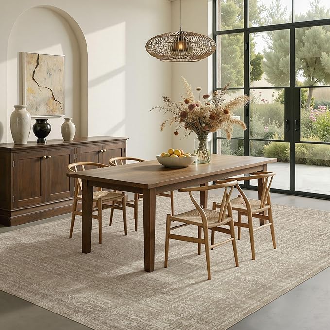 6x9 Area Rugs Living Room: Washable Large Vintage Rug Neutral Non-Slip Soft Stain Resistant Indoor Carpet for Bedroom Nursery Dining Room Under Table Bed Home House Office Playroom - Brown