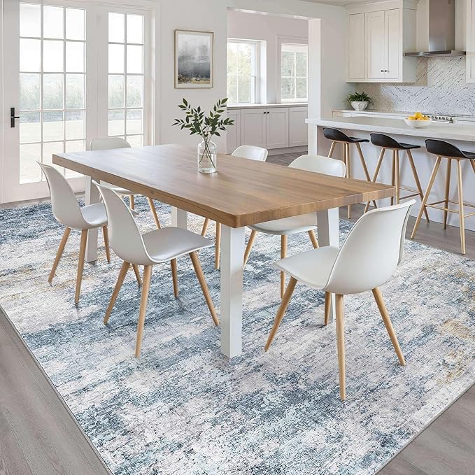 9x12 Area Rug Living Room: Washable Large Neutral Rugs Abstract Soft Modern Stain Resistant Indoor Floor Non-Slip Carpet for Bedroom Nursery Kids Office Playroom Dining Room Under Table- Blue Gold